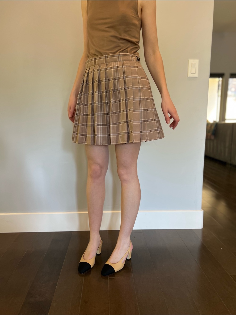 Plaid Pleated Mini Skirt in Taupe - Picture 2 of 5